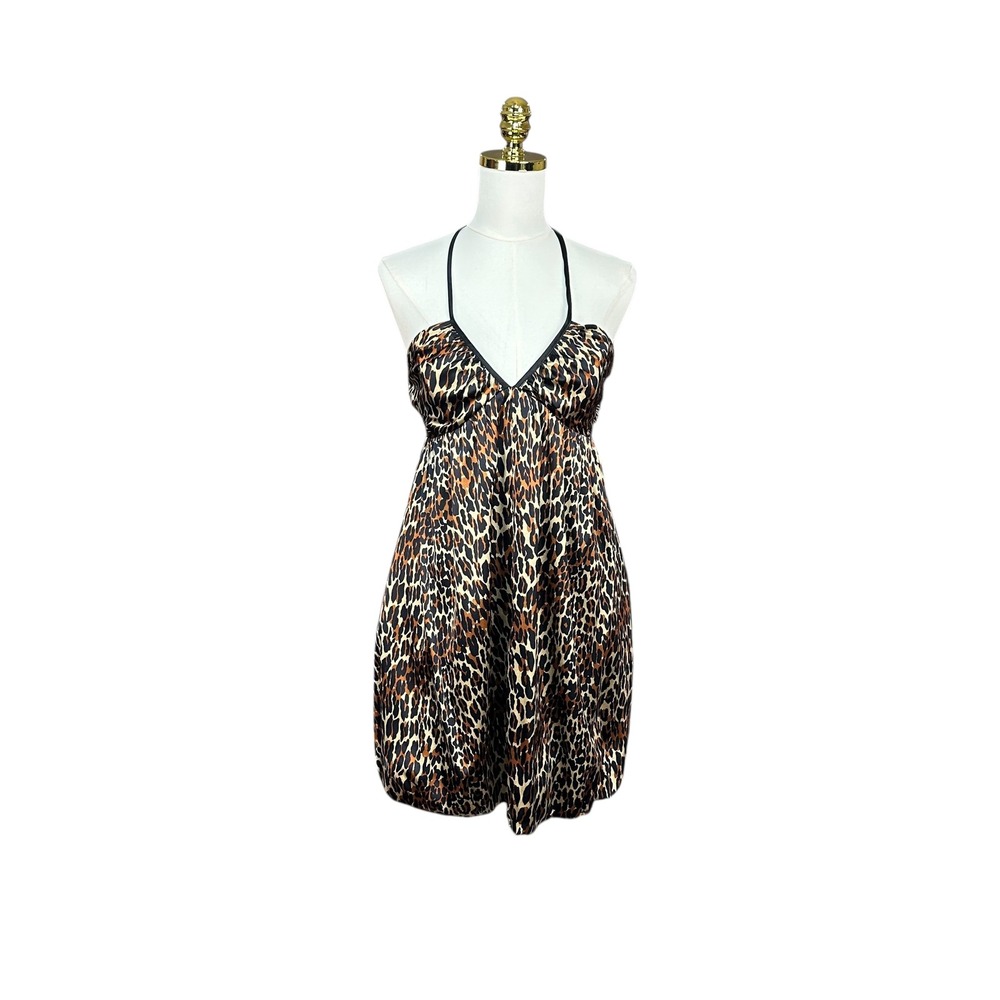 Vintage Betsey Johnson Silk Leopard Print Halter Bubble Hem Dress Brn/Blk Sz 6
